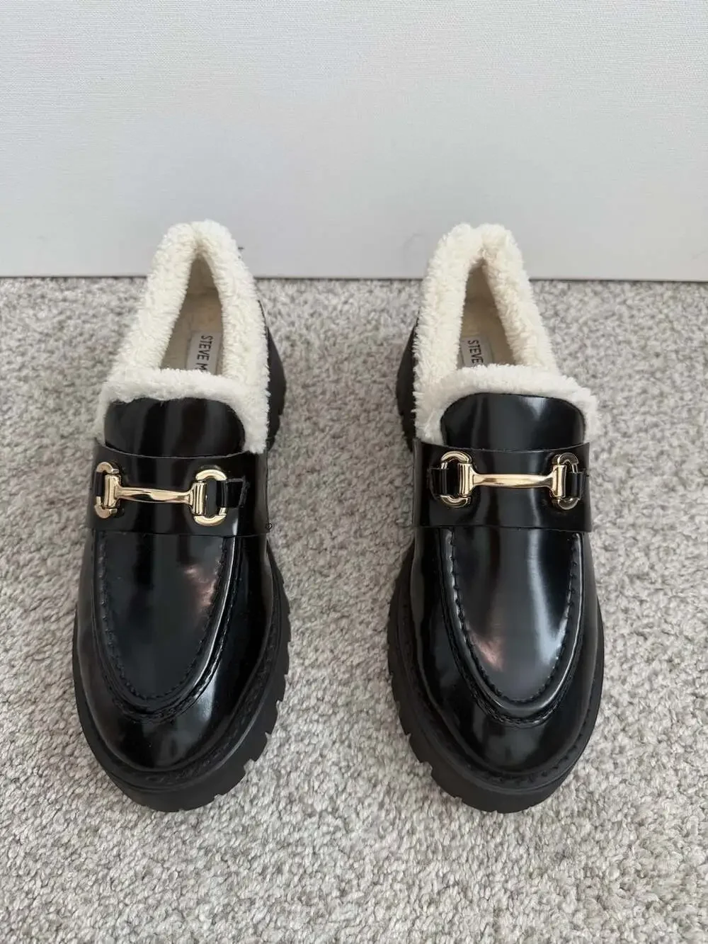 Steve Madden Lando-F Black Leather Loafer with Faux Fur Lining
